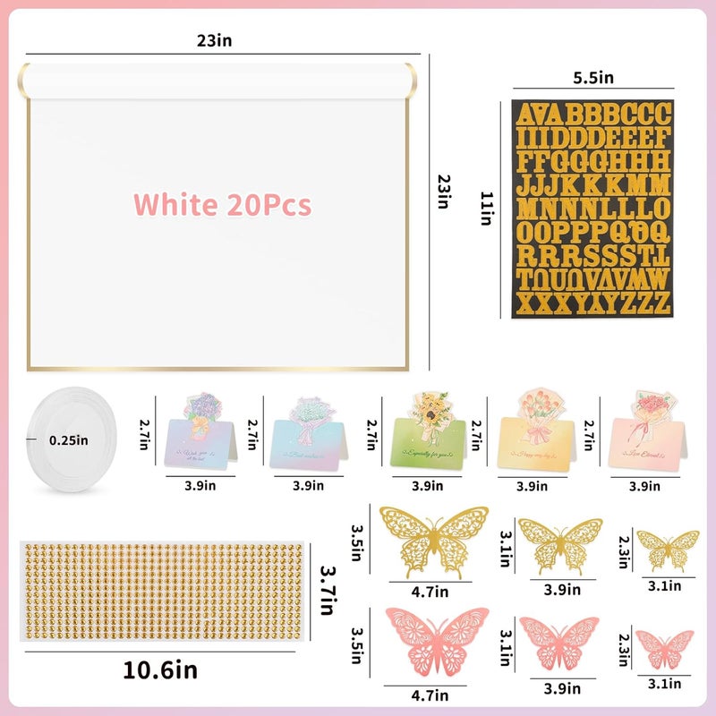 Besuper 52Pcs Flower Bouquet Wrapping Paper Kit, 20 Sheets White Waterproof Floral Wrapping Paper, 1 Letter 1 Rhinestone Sticker, 12 Gold 12 Pink Butterflies, 5 Cards, 1 White Ribbon (Gold Edge) - Image 2